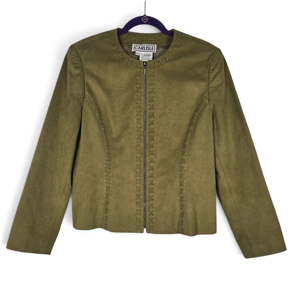 VTG Carlisle Jacket Womens 10 Faux Suede Olive Green Whipstitch Full Zip Office